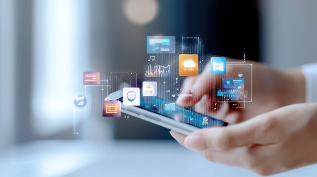 Close-up of hands interacting with a smartphone, processing digital applications, and social media icons.