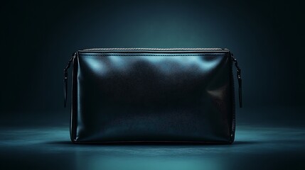 Black pouch sits on table, backlit, blue hue background. Use product shot