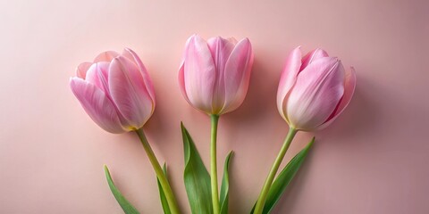 A Trio of Delicate Pink Tulips Gracefully Arranged on a Soft Pink Background, Representing Springtime's Gentle Arrival and the Beauty of Nature's Simple Elegance