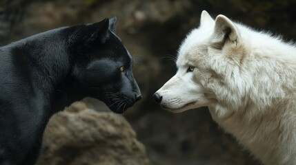 Obraz premium A black panther and a white wolf engage in a tense face-to-face encounter in a natural, forested setting. 