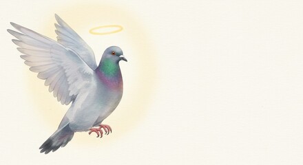 Obraz premium Watercolor Pigeon with Halo and Wings in Flight - A beautiful pigeon with wings spread wide and a halo above, symbolizing peace, purity, freedom, spirituality, and hope