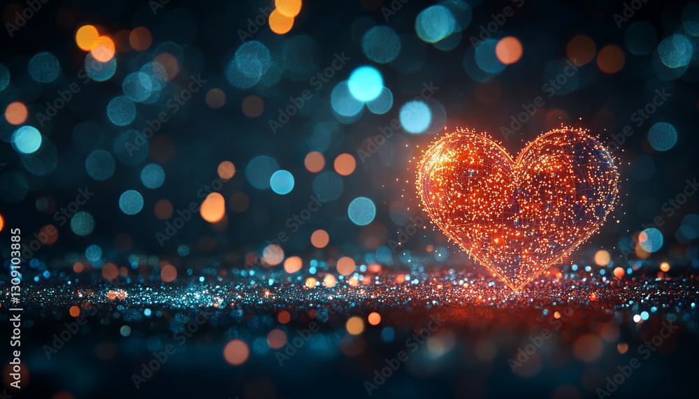 Poster Glowing Red Sparkly Particle Heart Against a Defocused Blue Backdrop with Orange Bokeh