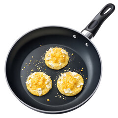 Fried egg in frying pan isolated on white surface