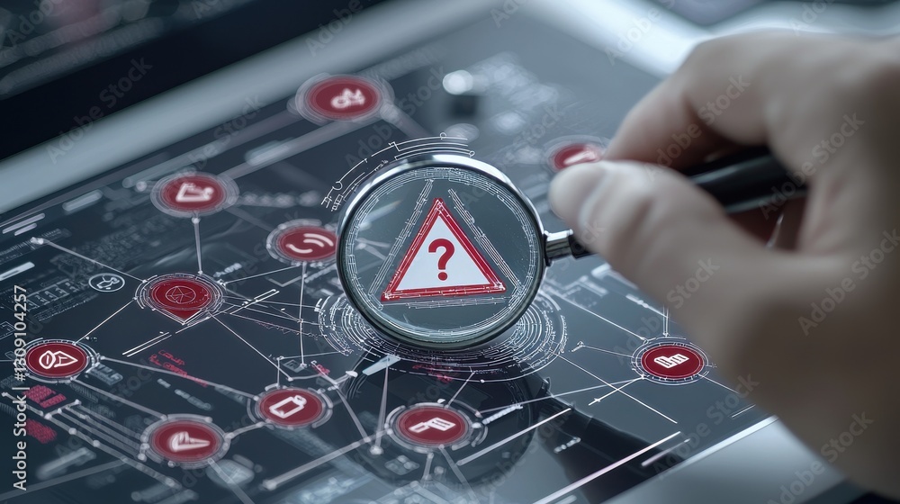 Aufkleber hand examining digital security interface with magnifying glass, featuring symbols and question mark