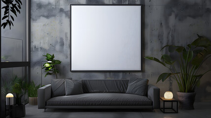 A large blank framed artwork on the wall of minimalist living room