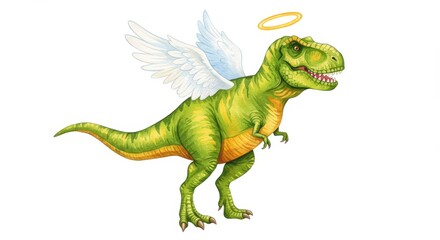 Obraz premium Watercolor T Rex with Halo and Wings Full Body Illustration - A whimsical representation of a T Rex featuring angelic wings and a halo, symbolizing creativity, uniqueness, playfulness, and fantasy