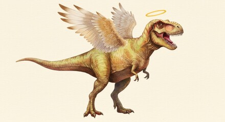 Obraz premium Watercolor T Rex with Wings and Halo Full Body Illustration - A whimsical representation of a T Rex with angelic wings and a halo, symbolizing freedom, creativity, imagination, and transformation