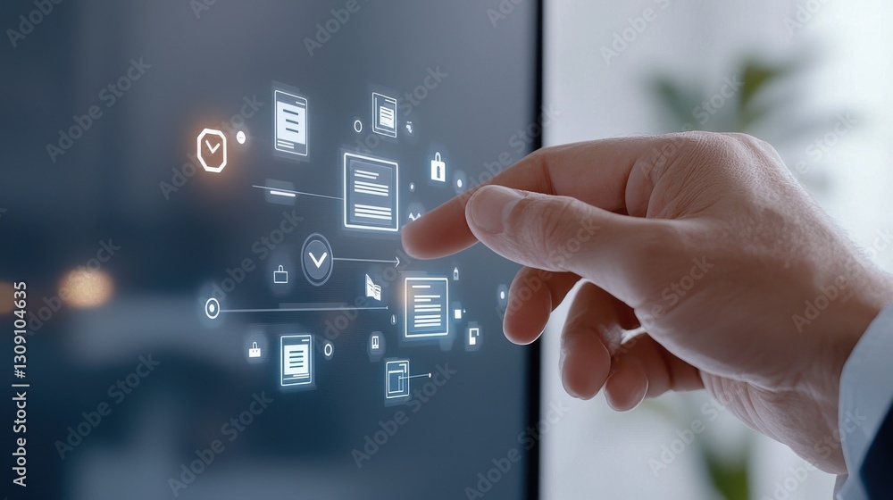 Poster hand interacting with digital interface screen, connecting to various applications and services effo