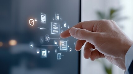 Hand interacting with digital interface screen, connecting to various applications and services effortlessly.