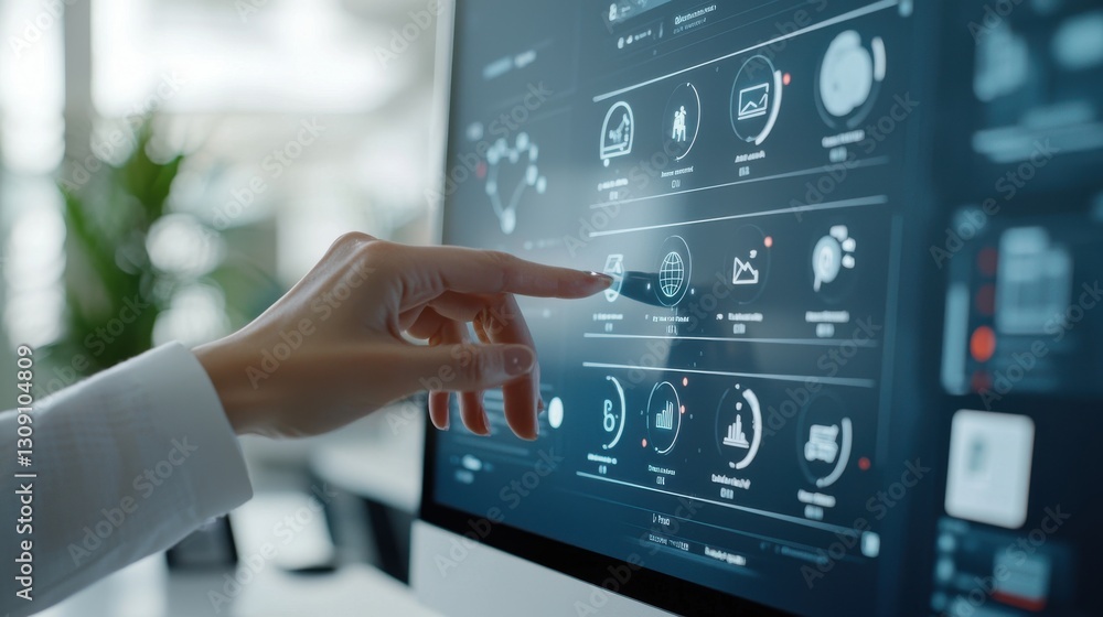 Poster hand interacting with futuristic digital interface on a touchscreen in a modern tech environment.