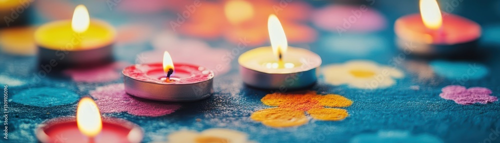 Poster elegant arrangement of candles on a table surrounded by vibrant colorful petals creating a warm and 