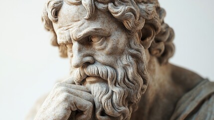 Naklejka premium A classical stone bust of a philosopher, set against a white background, capturing the elegance and thoughtfulness of the figure 