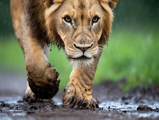 Obraz premium Majestic Lion Striding Through Gentle Rainfall in Lush Green Landscape Evoking a Sense of Strength and Serenity in Nature's Embrace and Beauty