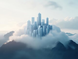 Fototapeta premium Majestic Cityscape Surrounded by Ethereal Clouds with Skyscrapers Reaching for the Sky Creating a Dreamlike Urban Atmosphere and Serenity