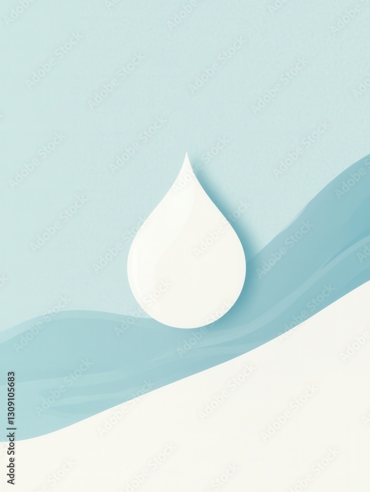 Poster minimalist milk drop logo design featuring soft blue and white tones with smooth curves for modern d