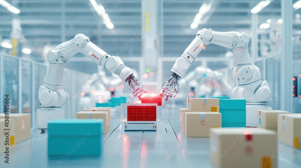 Poster innovative robots working seamlessly in a modern factory environment enhancing efficiency and produc
