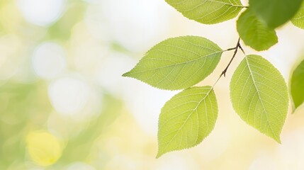Closeup of Light Green Leaves on Branch Soft Natural Light Background