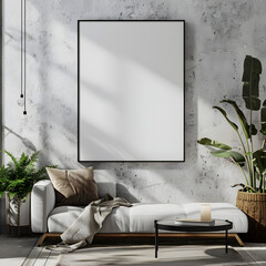 A large blank framed artwork on the wall of minimalist living room