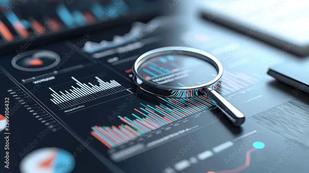 Aufkleber magnifying glass on financial analytics dashboard showing charts and graphs, close-up view, modern t