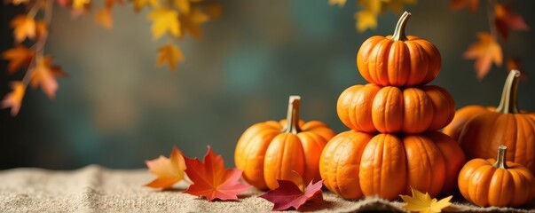 Stacked pumpkins, vibrant fall foliage, burlap backdrop, element, orange, fall foliage