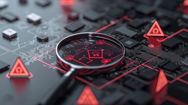 Magnifying glass on a circuit board with red warning symbols, representing cybersecurity and digital analysis.