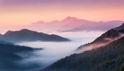 Obraz premium 夢の中にいるかのような、柔らかなぼかしと淡い色調で表現された山と霧の風景