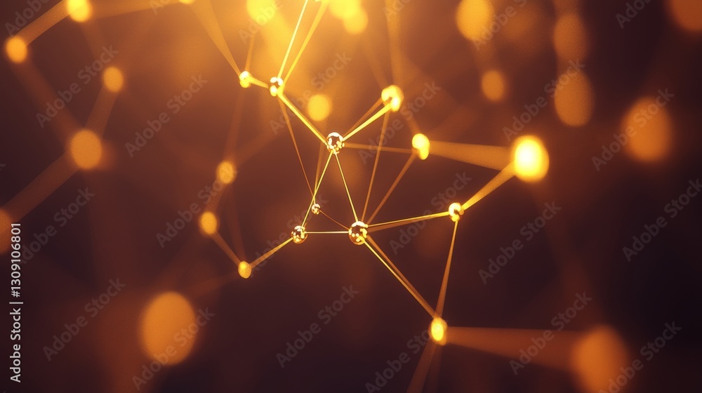 Poster polygonal network, golden dots and lines, interconnected points structure with vibrant hues