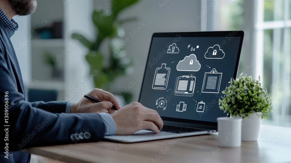 Poster man working on laptop with cloud-based applications, illustrating modern digital technology and cybe