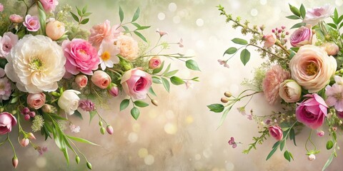 Elegant Pastel Floral Arrangement with Delicate Blooms and Lush Greenery, Perfect for Wedding Invitations or Romantic Decor © Kukar Studio