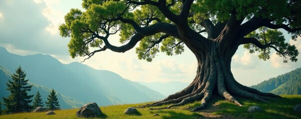 Fototapeta premium Tree with gnarled branches stretching towards the sky, roots, trunks, forest floor