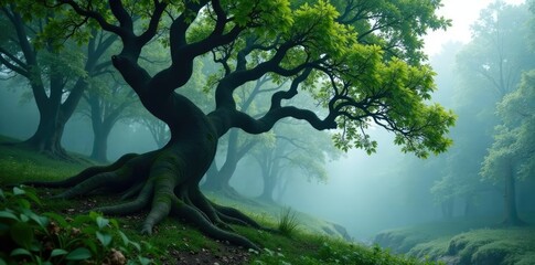 Tree with gnarled branches and twisted trunk, isolated in misty forest, tree, foliage, solitary