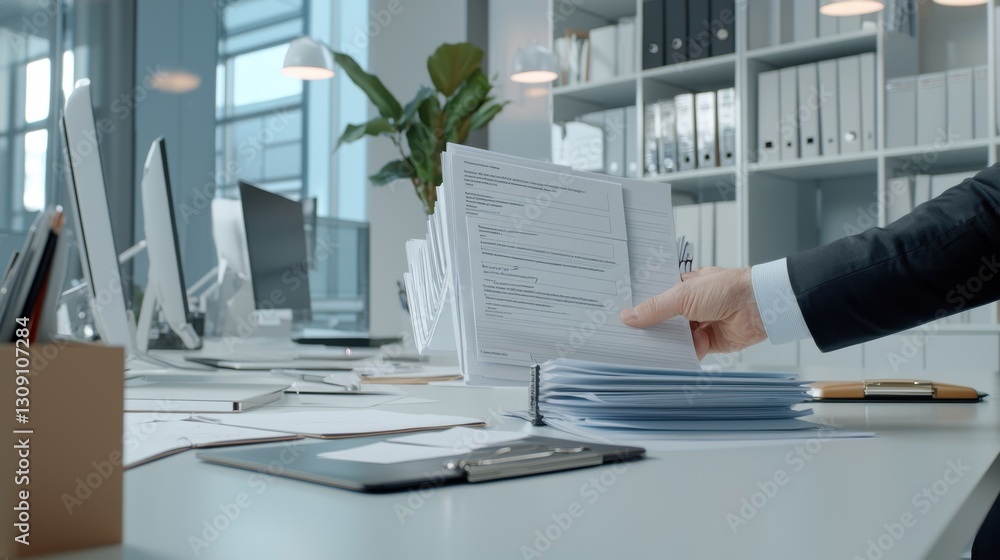 Poster office desk with documents and computer, showcasing a professional work environment and organization