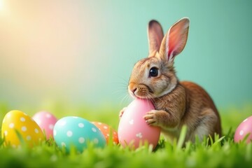 Obraz premium A fluffy brown bunny gently cradles a pastel pink egg amidst a vibrant spring meadow dotted with colorful speckled eggs.
