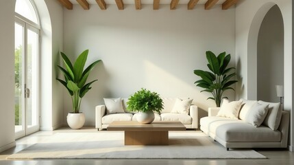 Serene Living Room with Neutral Tones and Lush Greenery, Featuring a Modern Sofa and a Wooden Coffee Table
