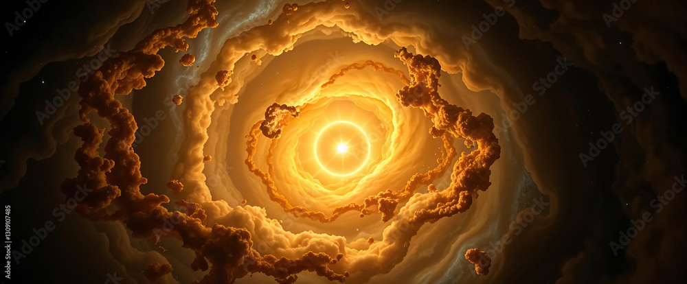 Poster vortex of swirling golden clouds converges around radiant central light source in ethereal spectacle