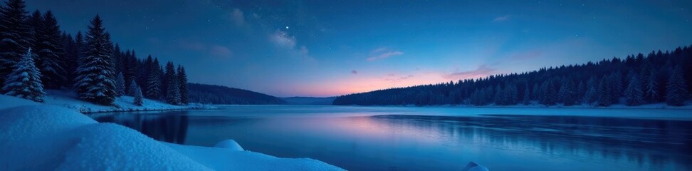 Fototapeta premium A frozen lake glistens under the starry night sky, calm, stillness, forest