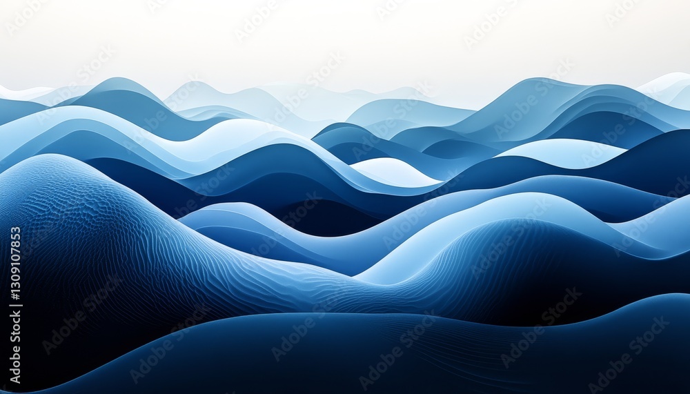 Poster abstract flowing blue gradient waves, swirling pattern with subtle drop shadow on white background