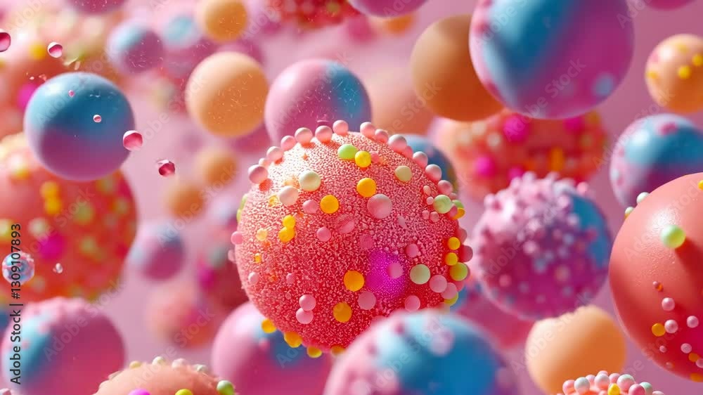 Poster Explore the mesmerizing movement of colorful bubbles and spheres in a captivating abstract display of patterns and forms