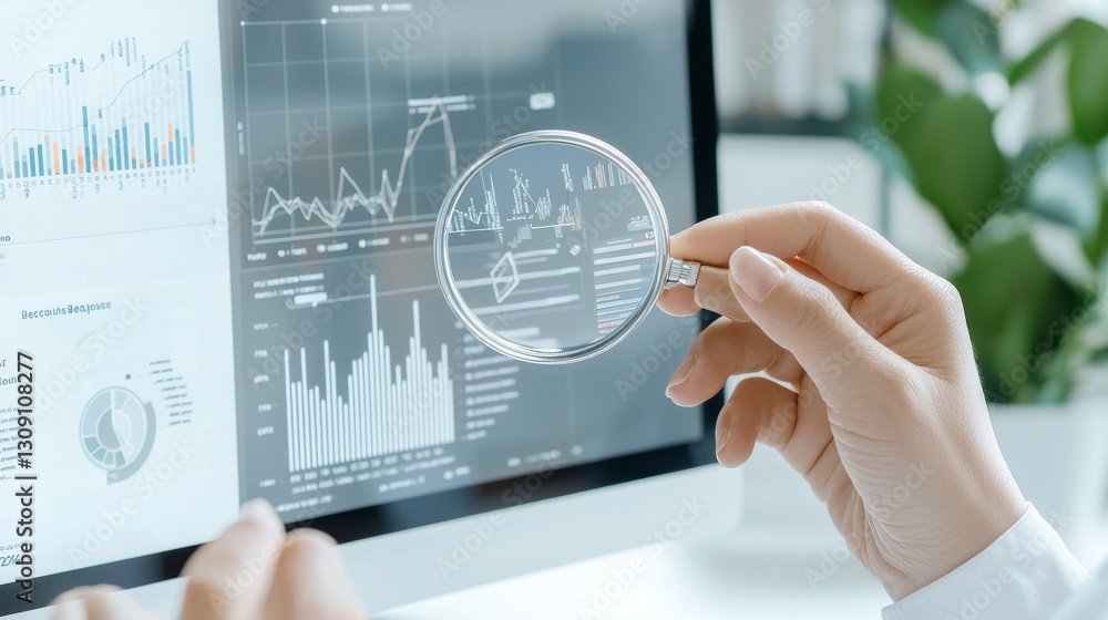 Aufkleber person analyzing financial data on a computer screen with a magnifying glass, focus on graphs and ch