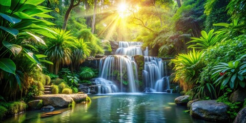 Escape to paradise: lush tropical garden, cascading waterfall, serene nature retreat.