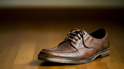Brown Leather Oxford Shoe Resting On A Polished Wooden Floor In A Softly Lit Setting