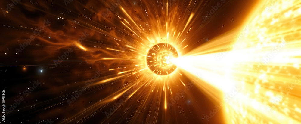 Poster dramatic space scene with bright burst of energy emanating from central point illuminating surroundi