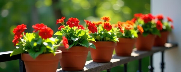 Calibrachoa blooms in small terracotta pots on a balcony railing, flowers, decor, terracotta pot