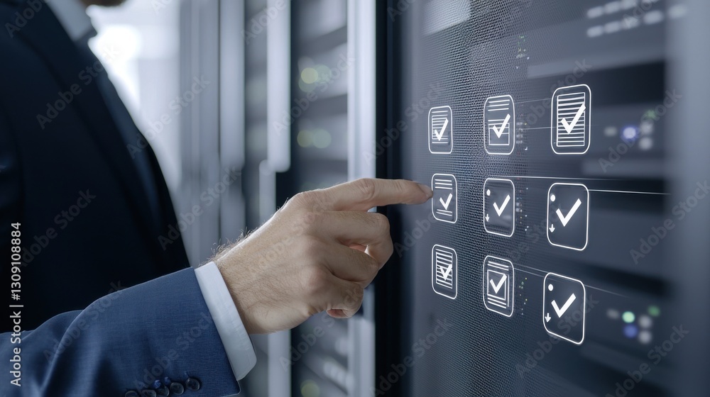 Aufkleber person interacting with digital interface on touchscreen in modern technology setting.