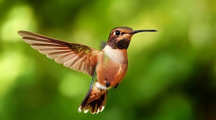 Fototapeta premium Hummingbird in Flight: A detailed capture of a hummingbird in mid-flight against a soft green background. The bird's intricate feathers and vibrant colors are emphasized in this dynamic image.