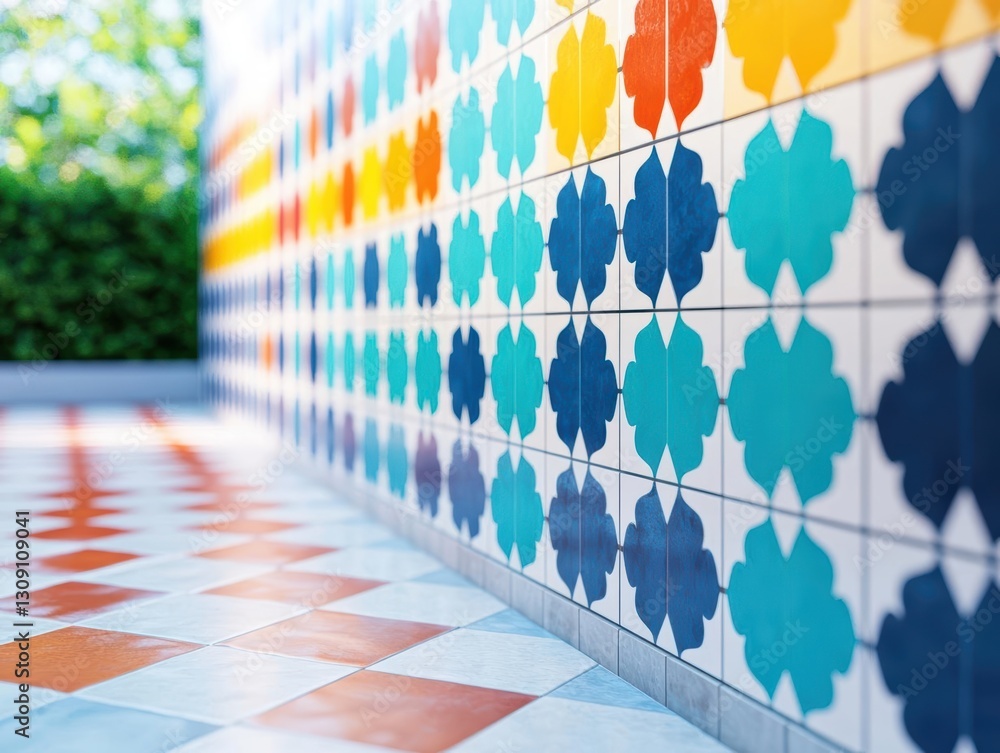 Poster vibrant colorful tiled wall featuring intricate geometric patterns and rich hues creating a lively a