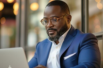 Fototapeta premium A stylish Black man in a tailored suit works on his laptop, exuding confidence in a warm, well-lit café.