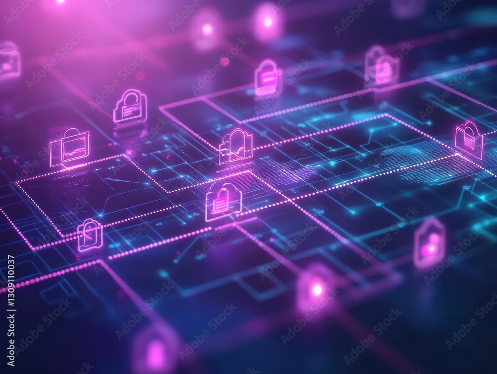 Poster vibrant blue and pink gradient background featuring various colorful icons creating a playful and en