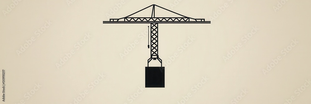Fototapete Minimalist construction logo featuring a tower crane lifting a block in modern line art design with monochrome background and negative space