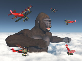 Doppeldecker attackieren einen riesigen Gorilla über den Wolken